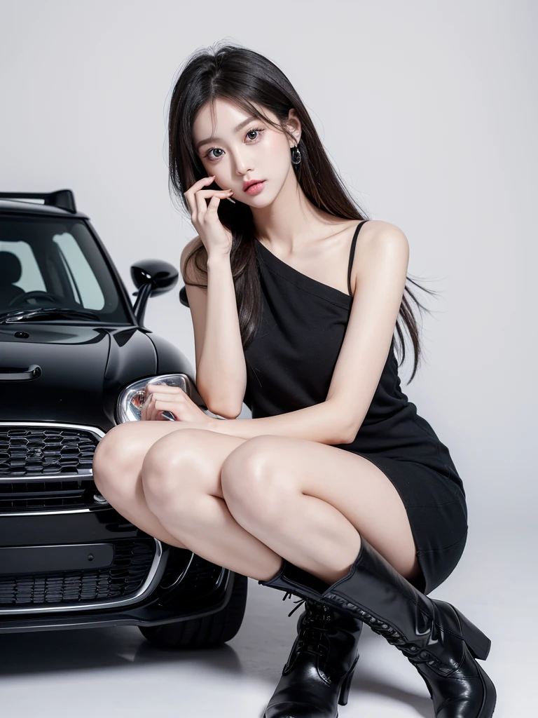 Beautiful woman wearing a black grey mini dress with decorations on the shirt and visible shoulders and wearing boots and being photographed with a white background Dan was on top of the car , Korean style swag, beautiful face so gorgeous, Beautiful eyes, y2k style
