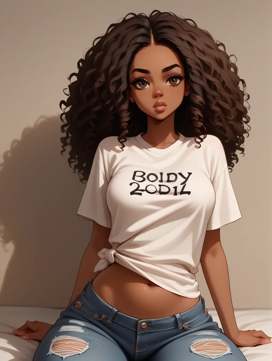 score_9, score_8_up, score_7_up, score_6_up,  1girl, solo,pretty, dark skinned girl, 24 year old girl, breasts, oversized fuzzy fitted shirt, denim short tatted jeans, brown eyes, black curly hair, long straight hair, stylish, b00nd0cks, open belly, instagram baddie, cool pose