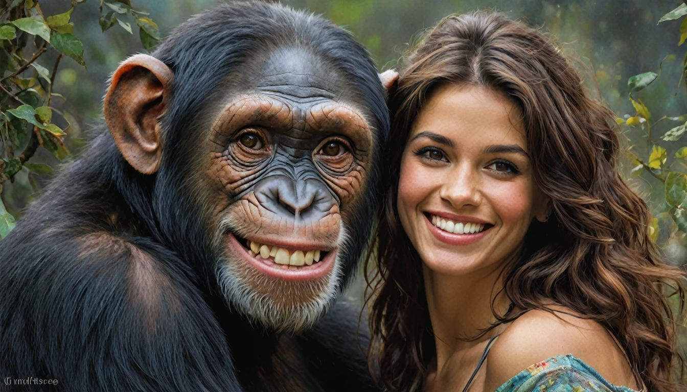 half body,
a woman smile with her best friend her chimpanzee,
dark complex background, style by Thomas Kinkade+David A. Hardy+Carne Griffiths+Mandy Disher half vivid colors fine art, best quality, high detailed, detailed faces, 2d,