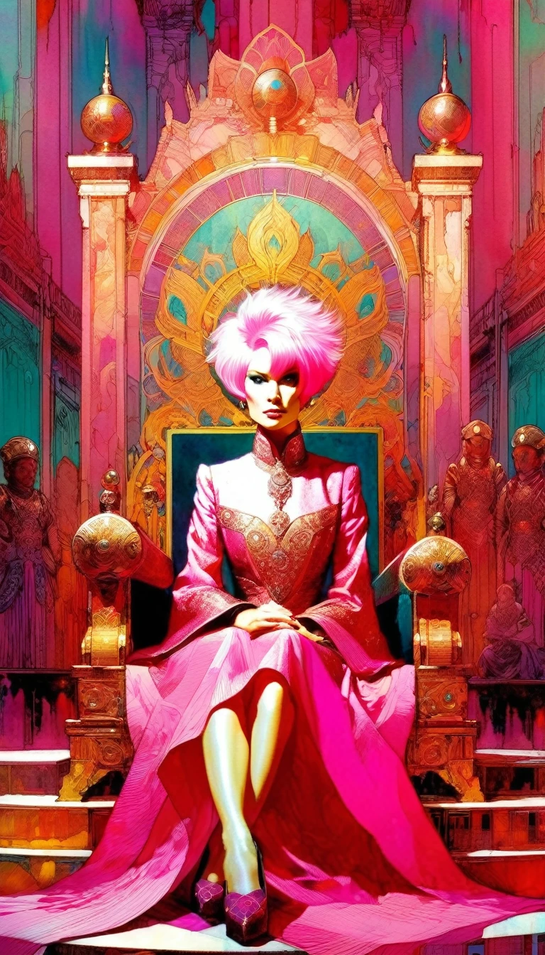 the empress, sitting on her throne, short pink hair, attractive, great palace, artwork inspired by Bill Sienkiewicz, vivid colors, intricate details, oil.
