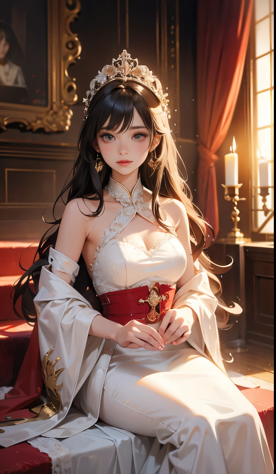 Model:
A woman wearing a white lace dress sits in the center。She is dressed in a gorgeous and elegant outfit.、She has a small tiara-like accessory on her head.。
background:
There is a crimson curtain in the background.、In front of it are decorative chairs and furs.。The entire room is designed with a classic and luxurious interior in mind.。
Props:
Big Disco Ball、Old Clock、drum、Fur and other things are scattered all over。These items are、It gives the space a retro and fantastical feel.。
Many candles are placed on the stairs and floor.、It gives off a warm light。This、The whole photo exudes a romantic and dreamy mood.。
illumination:
Soft illumination is used.、Modelの肌を美しく照らしています。With the light of the candles、Creates a soft and warm atmosphere。
