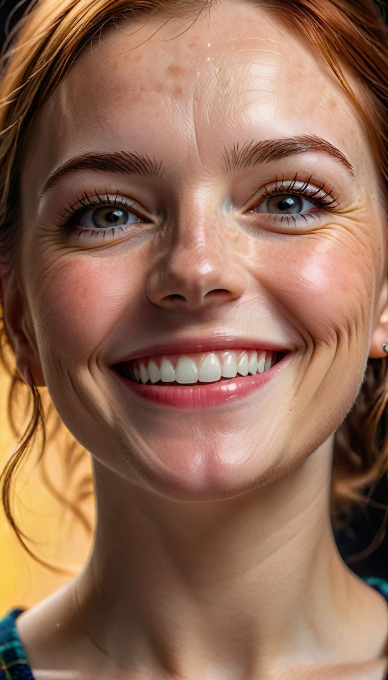 a beautiful young enchanting Scottish woman, open smile, (wrinkles, blemishes, pores) medium shot, low angle, best quality, 8k, highres, masterpiece, ultra-detailed, photorealistic, studio lighting, extreme detail description, vivid colors, portrait