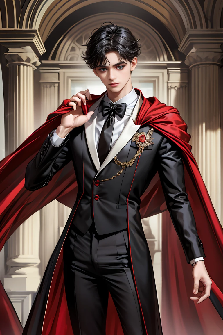 masterpiece, 最high quality, high quality, 1 boy, alone, Male focus, Watching the audience, Messy black hair, Adorable big blue eyes, White people, Noble, Noble,Sexy voluminous black and red cape、Tuxedo、A very voluminous, large, very large, very large, long, long red and black cape with a high stand-up collar, reaching down to the floor, made of a lot of fabric., 17 years old,Cute beautiful boys,Cute, cute, kind, handsome guy