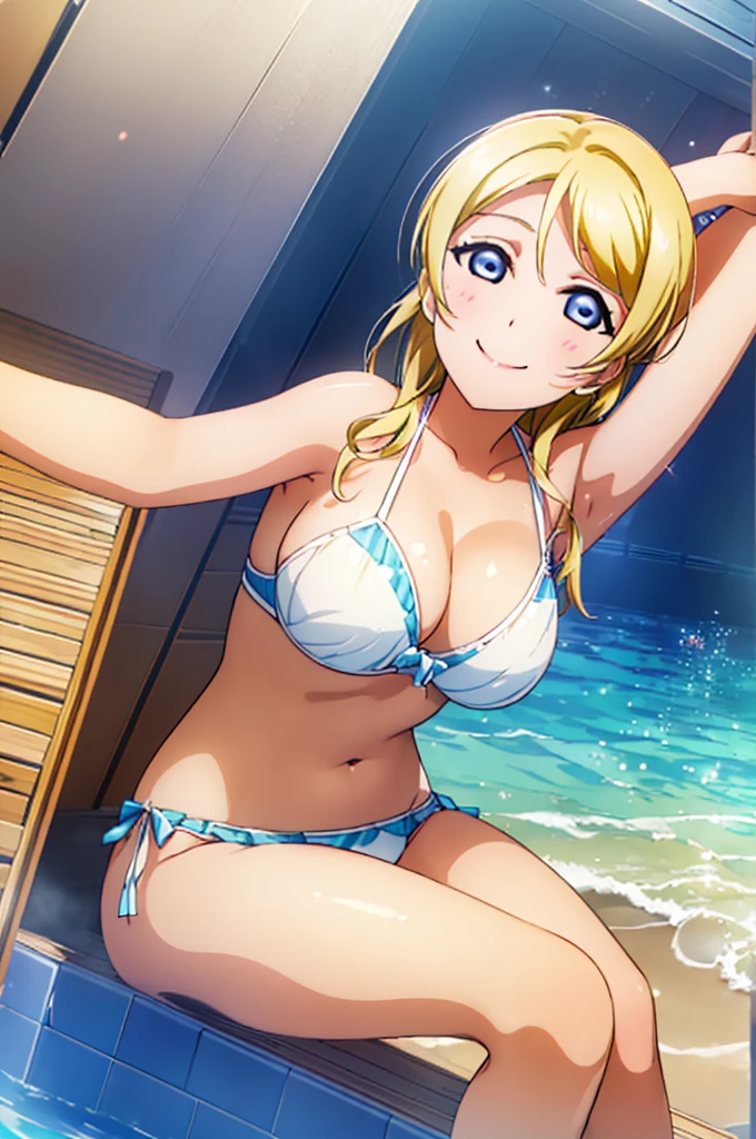 (((pixel-perfect, detail-perfect))), solo, 1girl, Eli ayase, smile, eyes azzur, hair blonde, sauna, armpit, bikini, large extreme filesize, ultra High Qality