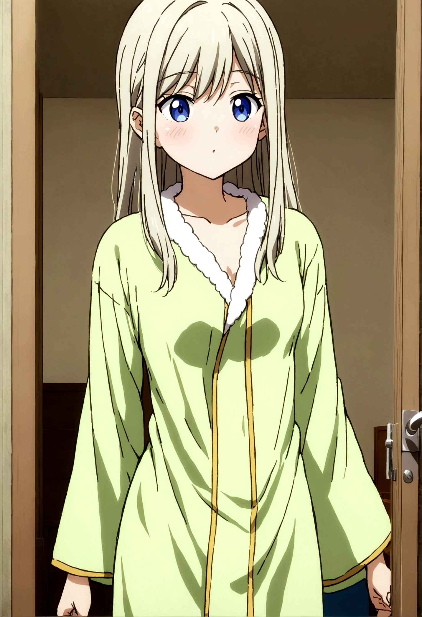 an 18-year-old girl , short girl with small breasts wearing an open post-bath robe ,answering the door of your apartment (anime styling)