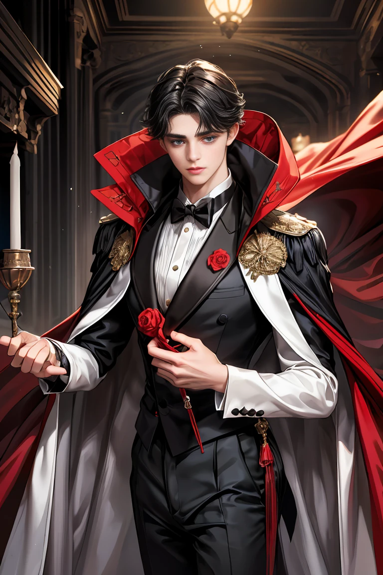 
masterpiece, 最high quality, high quality, 1 boy, alone, Male focus, Watching the audience,  Messy black hair, Adorable big blue eyes, White people, Noble, Noble,Sexy voluminous black and red cape、Tuxedo、A very voluminous, large, very large, very large, long, long red and black cape with a high stand-up collar, reaching down to the floor, made of a lot of fabric., ,Cute beautiful boys,Cute, cute, kind, handsome guy