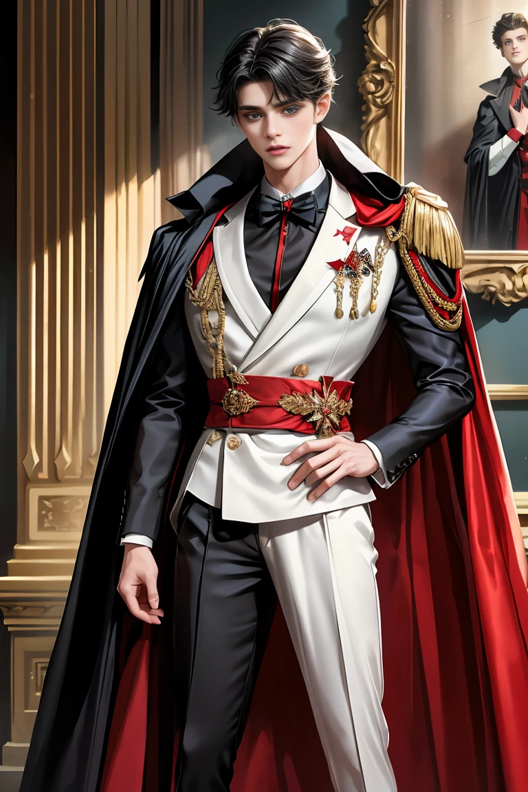 
masterpiece, 最high quality, high quality, 1 boy, alone, Male focus, Watching the audience,  Messy black hair, Adorable big blue eyes, White people, Noble, Noble,Sexy voluminous black and red cape、Tuxedo、A very voluminous, large, very large, very large, long, long red and black cape with a high stand-up collar, reaching down to the floor, made of a lot of fabric., ************,Cute beautiful boys,Cute, cute, kind, handsome guy