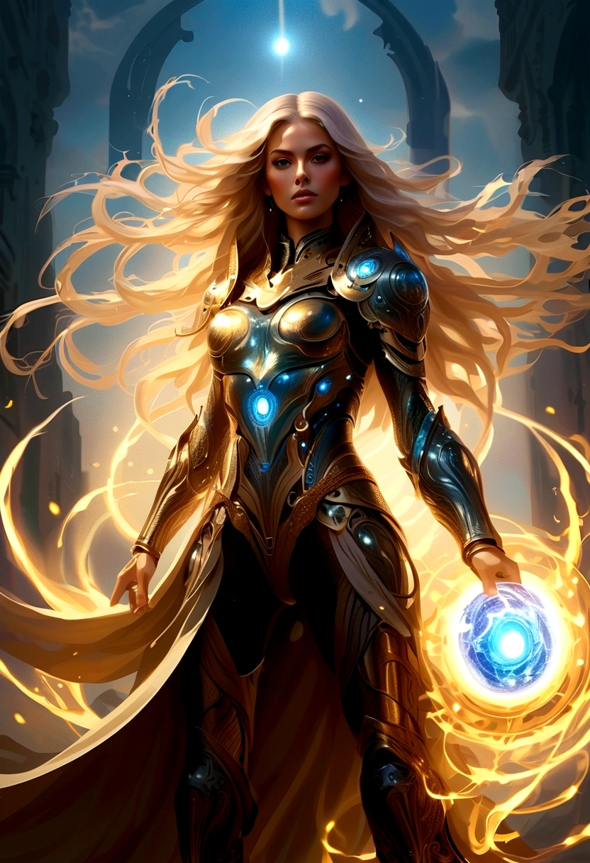 cute alien monster in her arms holding a to-do list, a tall lady warrior in perfect body proportion, perfect face, perfect body, futuristic royal regalia, wet cloak, very long-golden hair, blowing hair, weapon-armor, google helmet, medusa head, chakra-golden rays surrounded, mystical aura, ethereal, fire element, death massive-flames in background, dark moon, unreal engine, cinema art photographic, cinematic motion picture, 8k, super detailed, with cute alien productivity monster