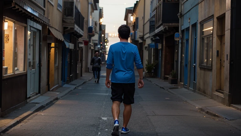 Young man, with blue shirt, walking backwards down a town street at night