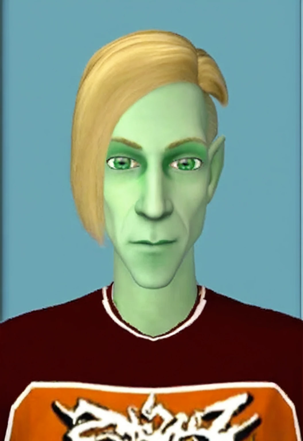 a close-up of a person with a shirt and a green face, male elf, upper body avatar, green colored skin, beautiful Squidward as a man, green colored skin!!, greenskin!, greenish skin, avatar with blonde hair, ingame image, Stephan, Lúcio as a woman, Tyler, bright mint face