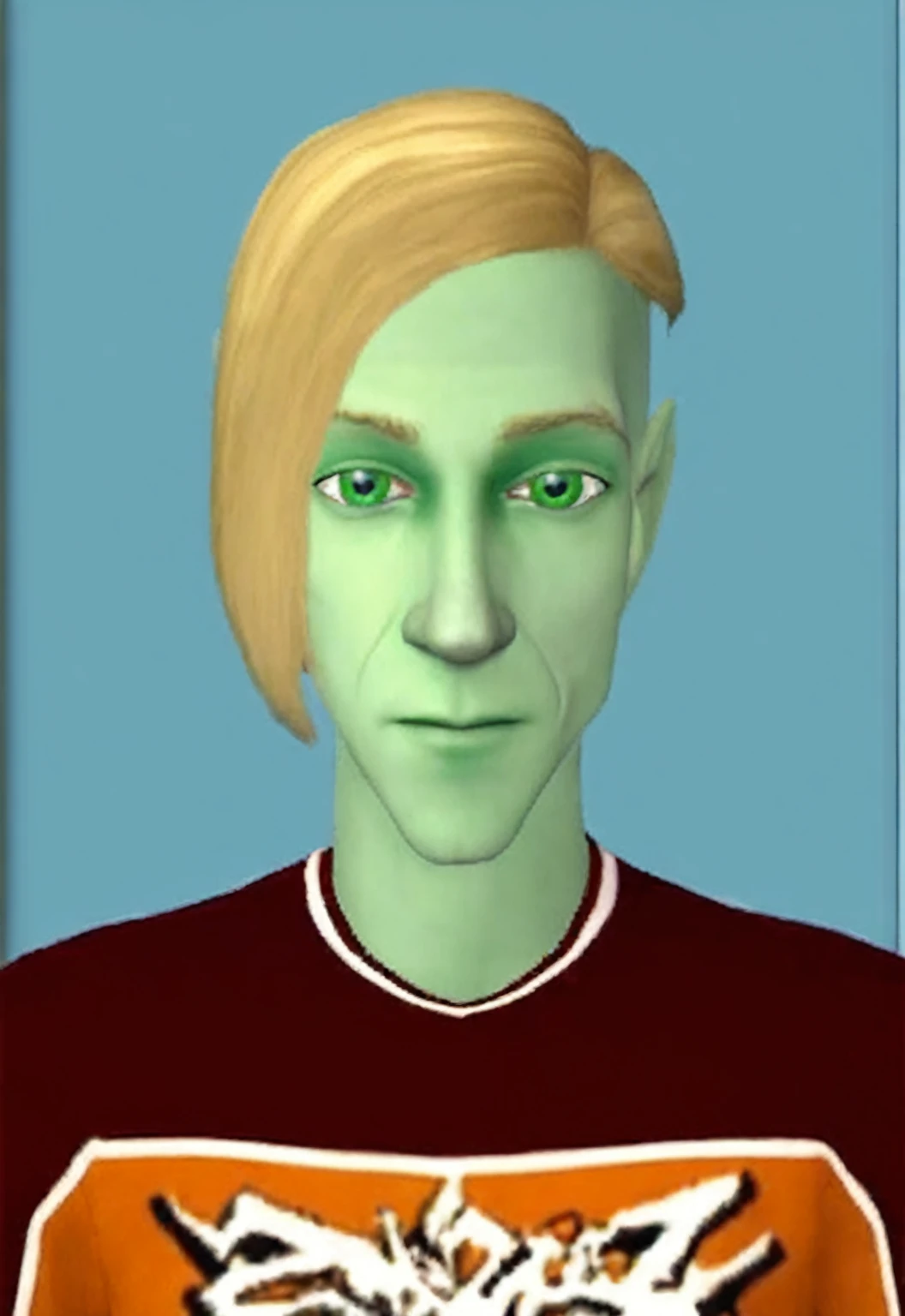 a close-up of a person with a shirt and a green face, male elf, upper body avatar, green colored skin, beautiful Squidward as a man, green colored skin!!, greenskin!, greenish skin, avatar with blonde hair, ingame image, Stephan, Lúcio as a woman, Tyler, bright mint face
