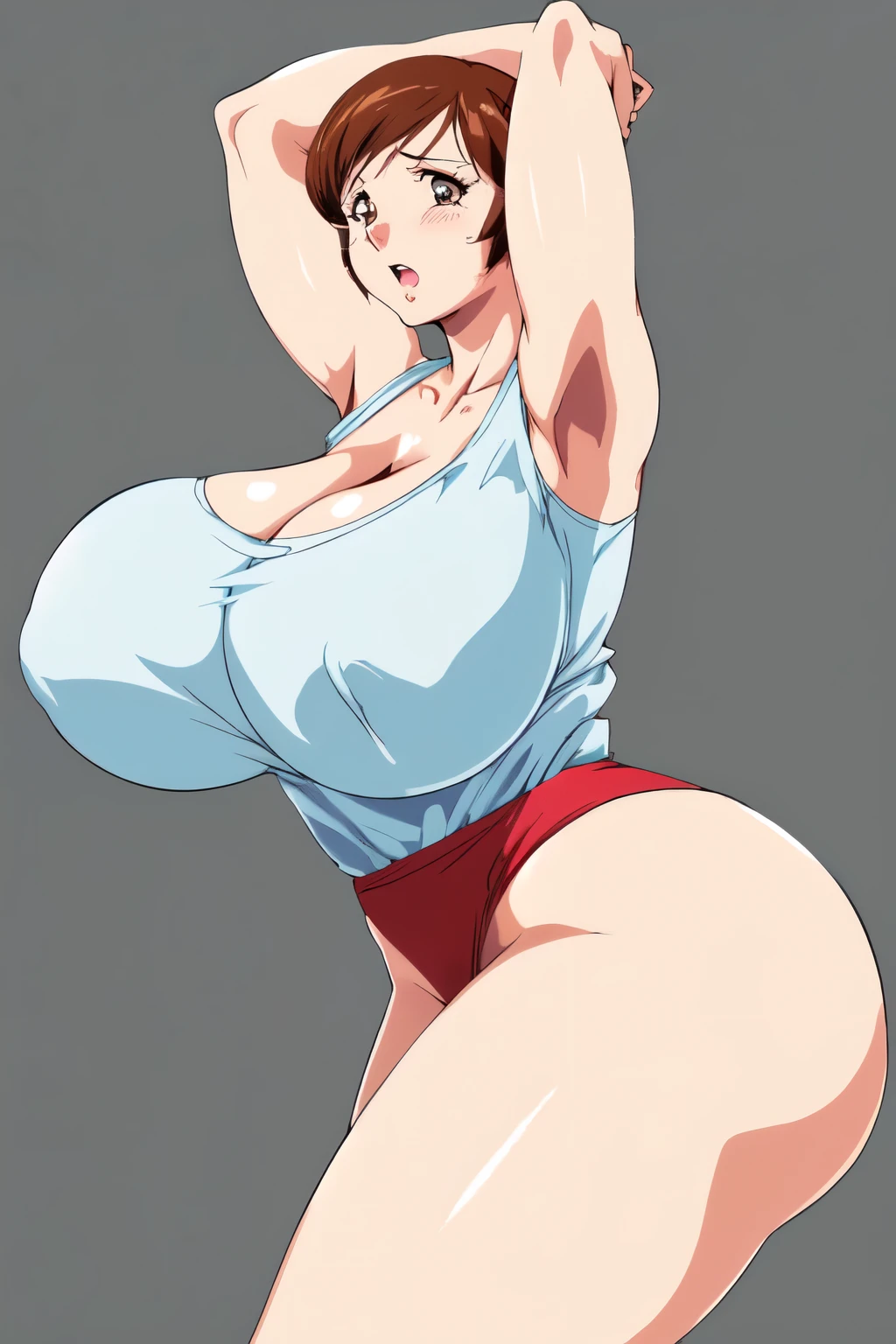 masterpiece, highest quality, High resolution, One girl, alone, sexual intercourse, Pornographic images, short hair, etsukoto, Brown eyes, fine grain, fine grain, (((Thick thighs, Plump thighs, Voluptuous thighs, Thighs alone are enough))), Huge and ample breasts, Cleavage, Huge long breasts, Naughty big,((Big breasts are important))、((Naughty thighs)), L Cup, (thin:1.4),(Tight waist:1.4),  (((white gym shirt, red buruma))), anguish, :o, blush, (((Simple Background))), ((Wide Hips)), Shiny, Oily skin, Mature mother, Calf, Seductive mature woman, Perfect body, Plus Size Model, curvy, ample, etsukoto, blush, clavicle, retro artstyle, 1990s (style), (thick thighs:1.4), (((bursting thigh))), stretching, arms up, from side, nsfw,