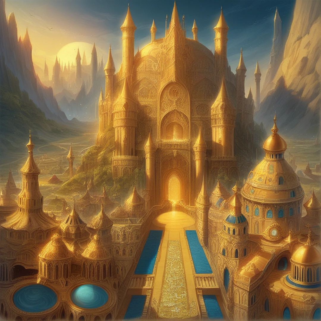 a closeup of a castle with a fountain in the middle, symmetrical epic fantasy art, highly detailed fantasy art, detailed fantasy digital art, futuristic persian palace, detailed fantasy art, fantasy architecture, golden steampunk city atmosphere, cathedral of the sun, elvish palace of ghemathar, marc simonetti. intricate, beautiful detailed fantasy, kingdom of light backdrop