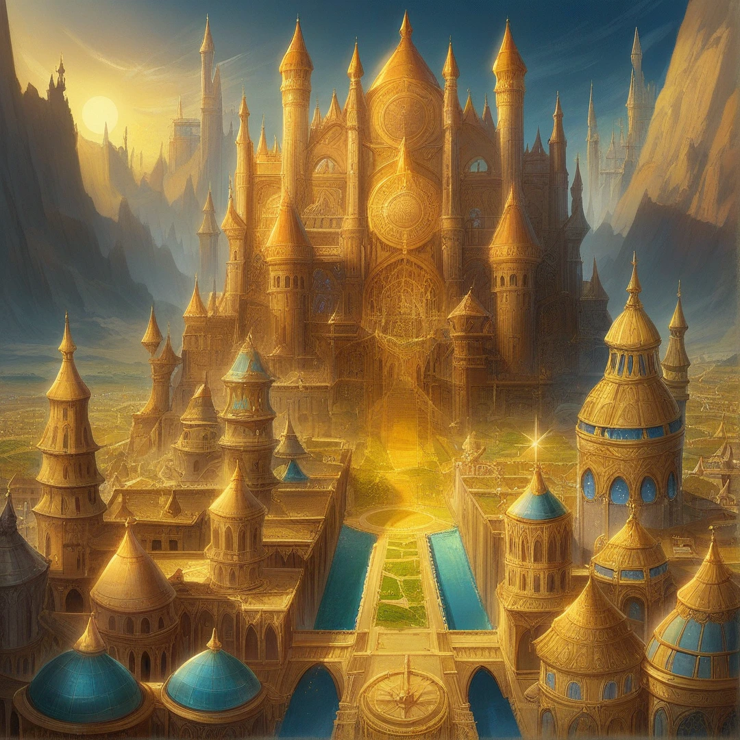 a closeup of a castle with a fountain in the middle, symmetrical epic fantasy art, highly detailed fantasy art, detailed fantasy digital art, futuristic persian palace, detailed fantasy art, fantasy architecture, golden steampunk city atmosphere, cathedral of the sun, elvish palace of ghemathar, marc simonetti. intricate, beautiful detailed fantasy, kingdom of light backdrop