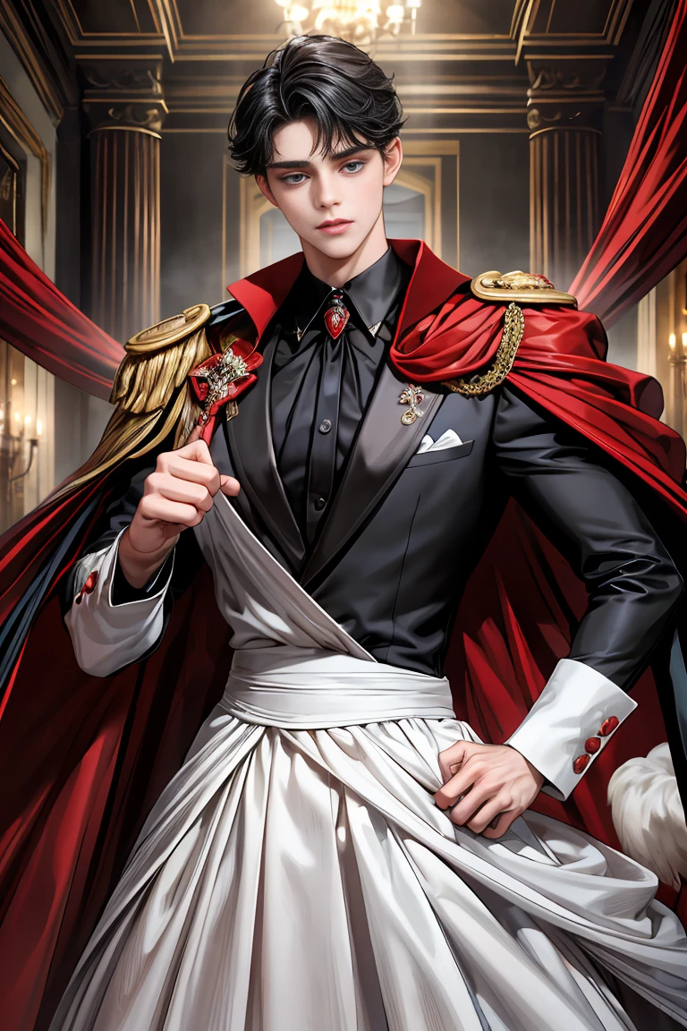 
masterpiece, 最high quality, high quality, 1 boy, alone, Male focus, Watching the audience,  Messy black hair, Adorable big blue eyes, White people, Noble, Noble,Sexy voluminous black and red cape、Tuxedo、A very voluminous, large, very large, very large, long, long red and black cape with a high stand-up collar, reaching down to the floor, made of a lot of fabric., 17 years old,Cute beautiful boys,Cute, cute, kind, handsome guy