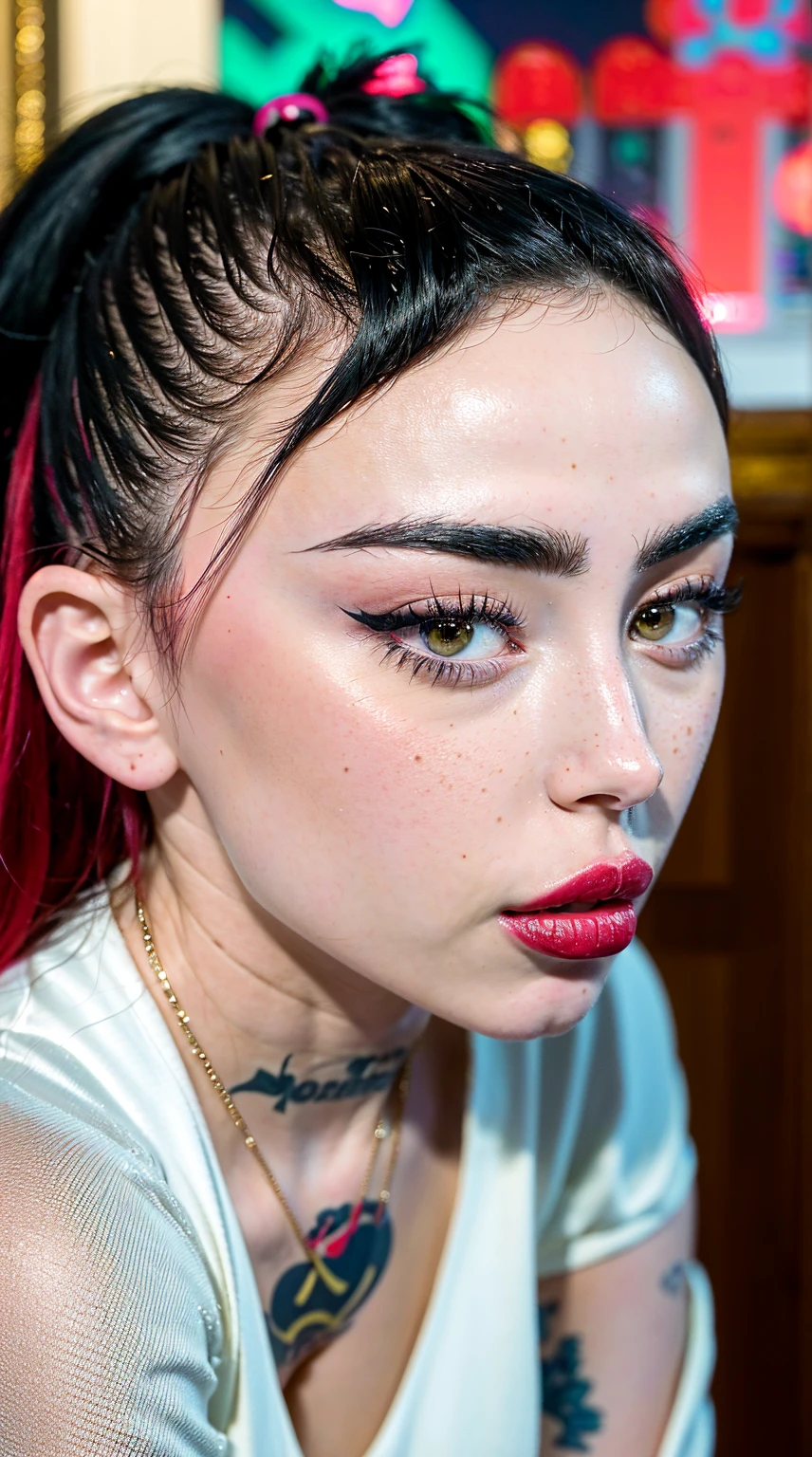 a close up of 1girl in a red dress with tattoos on her chest,  (tipo de cuerpo pequeño:1.1), (petite body), multiple angles, charli xcx, ava max, bella poarch, she looks like a mix of grimes, charli bowater, sexy look, billie eilish, madison beer as leeloo, portrait of kim petras, 18 years old, the super hot and sexy, looks a blend of grimes