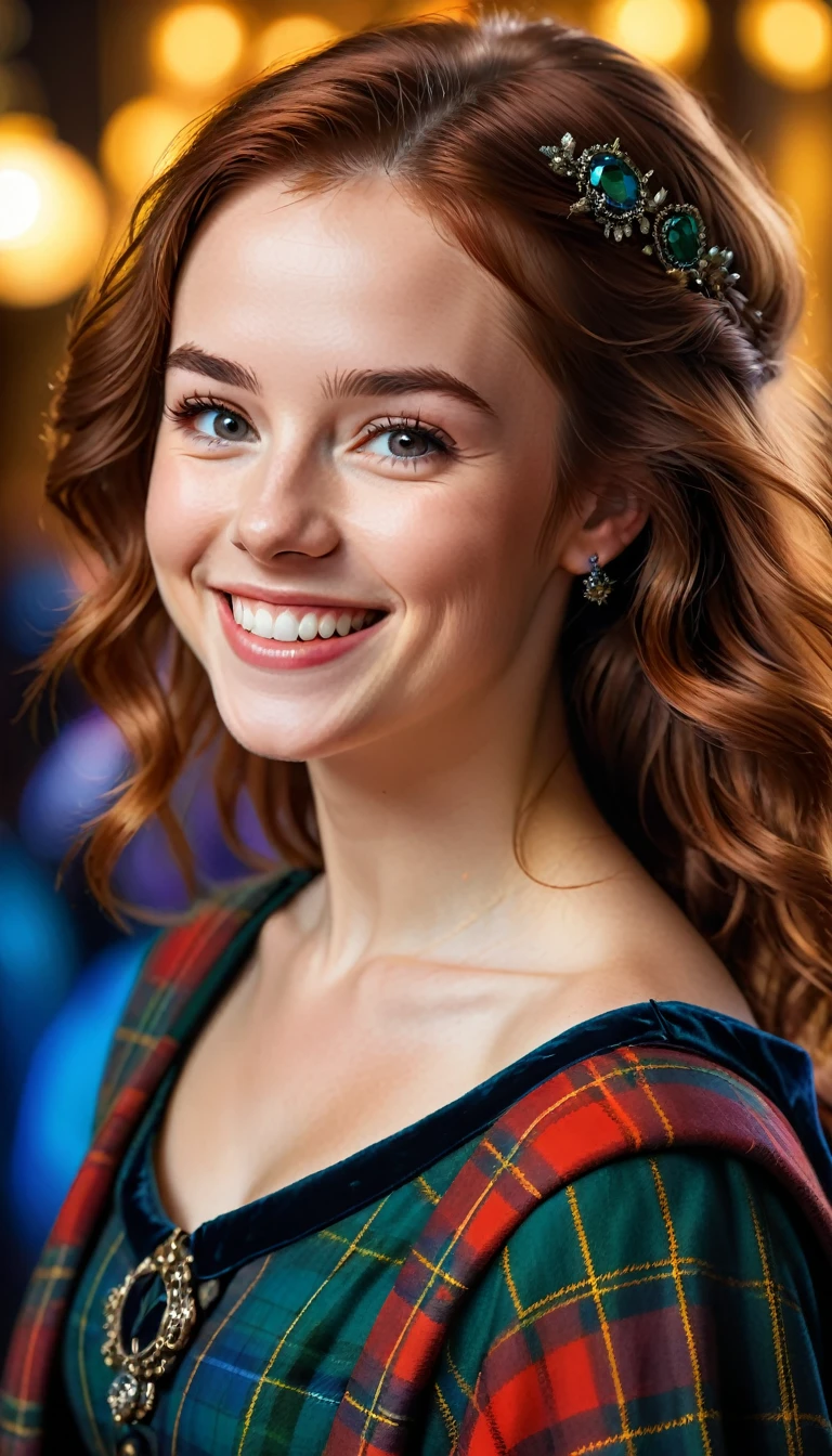 a beautiful young enchanting Scottish woman, open smile, medium shot, low angle, best quality, 8k, highres, masterpiece, ultra-detailed, photorealistic, studio lighting, extreme detail description, vivid colors, portrait