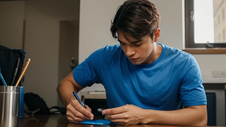 Young man, with blue shirt, working lost in the day to day routine