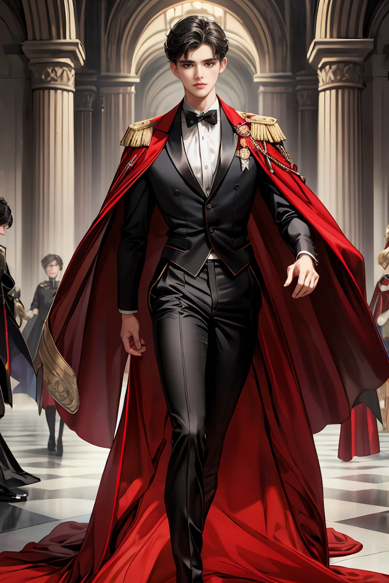 
masterpiece, 最high quality, high quality, 1 boy, alone, Male focus, Watching the audience,  Messy black hair, Adorable big blue eyes, White people, Noble, Noble,Sexy voluminous black and red cape、Tuxedo、A very voluminous, large, very large, very large, long, long red and black cape with a high stand-up collar, reaching down to the floor, made of a lot of fabric., 17 years old,Cute beautiful boys,Cute, cute, kind, handsome guy