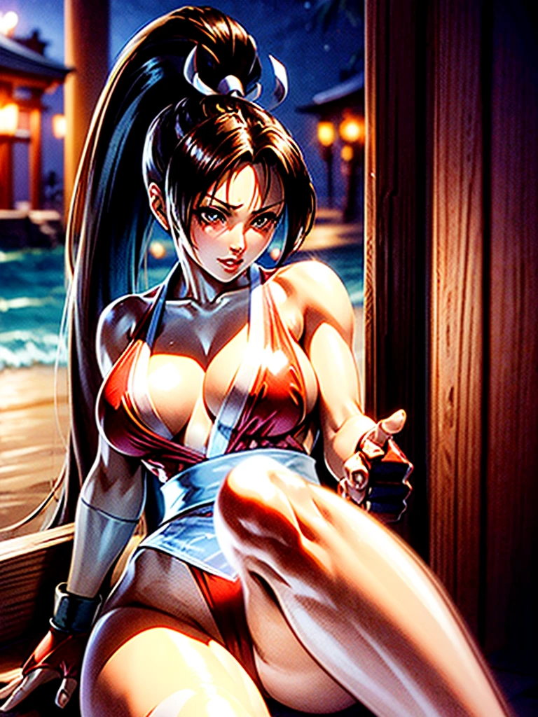 arafed woman in a bikini sitting on the beach at night, concept art inspired by Masamune Shirow, pixiv, fantasy art, chun li, chun-li, chun - li, monokini, portrait of chun li, portrait of chun - li, seductive tifa lockhart portrait, beautiful alluring anime woman, trending on cgstation