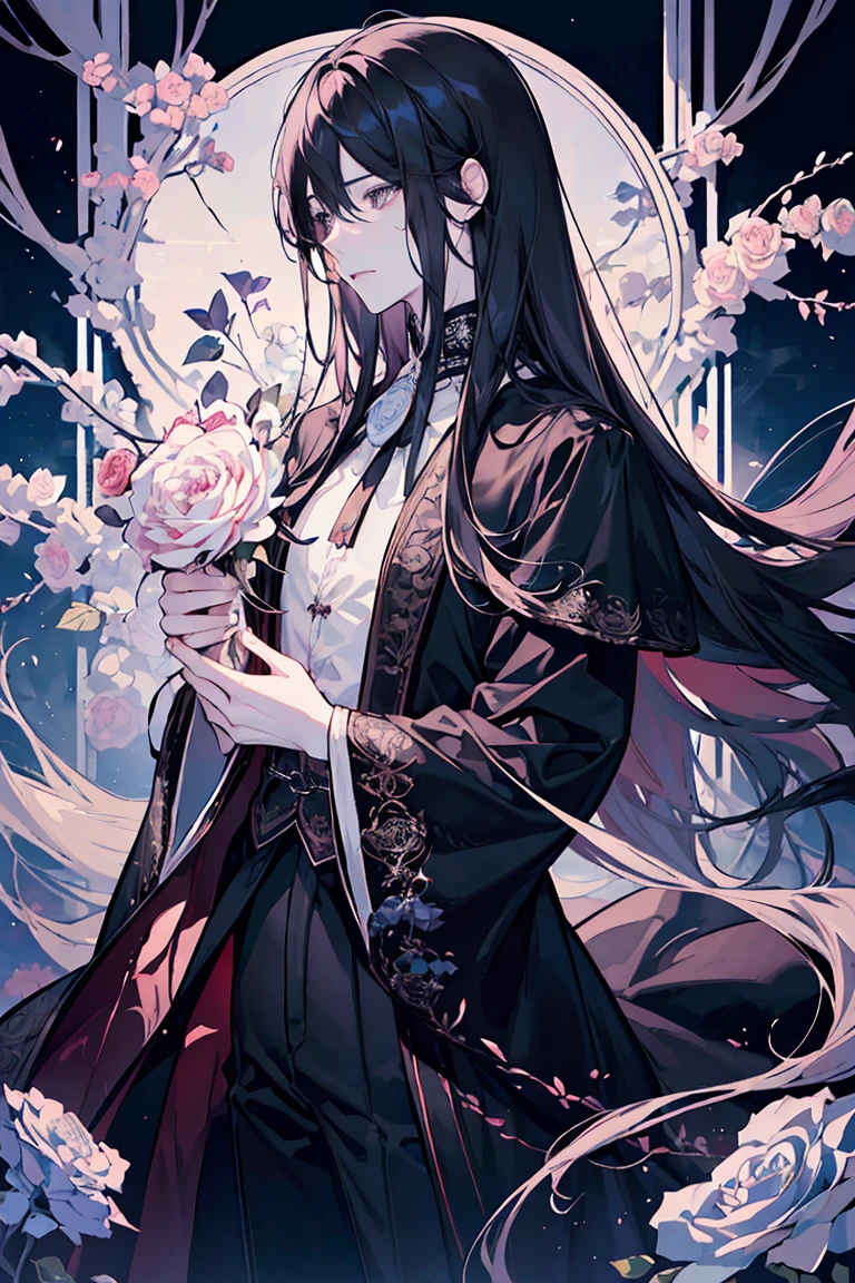 (best quality) (1 male), adult 25 years, ((long light-pearly rose opal hair)), long disheveled hair, (eyes is completely black, the white of the eye is black), pale skin, thorny vines entwine the hair, gentle delicate facial features, aristocrat's clothes, black cloak covers his head