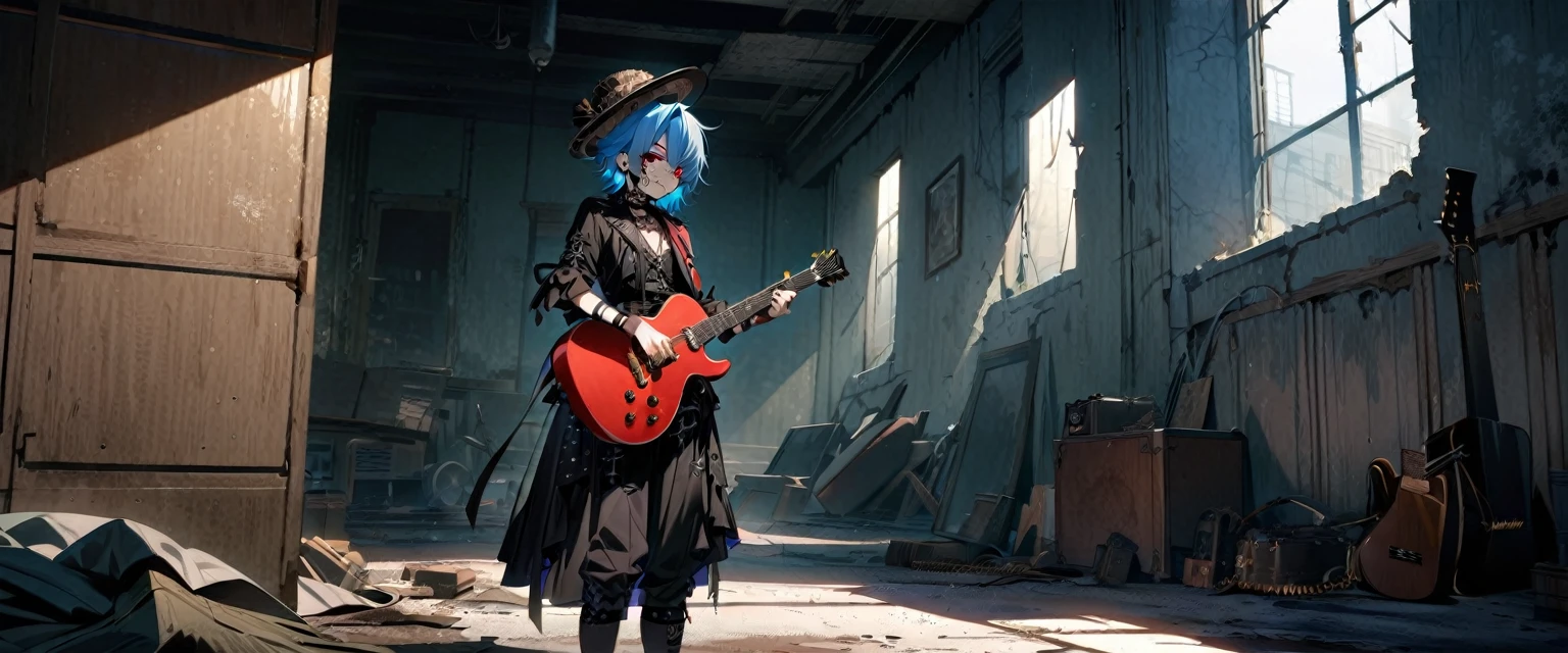 (((masterpiece,Highest quality))),((A male anime character with long blue hair and red eyes wearing a visual kei outfit and holding a guitar)),((Steampunk-style electric guitar)),((Standing with a guitar in an abandoned room)),(((silk hat,Tattoo on the right side of the face,))),Focus so you can see the whole body,(high quality),アニメ