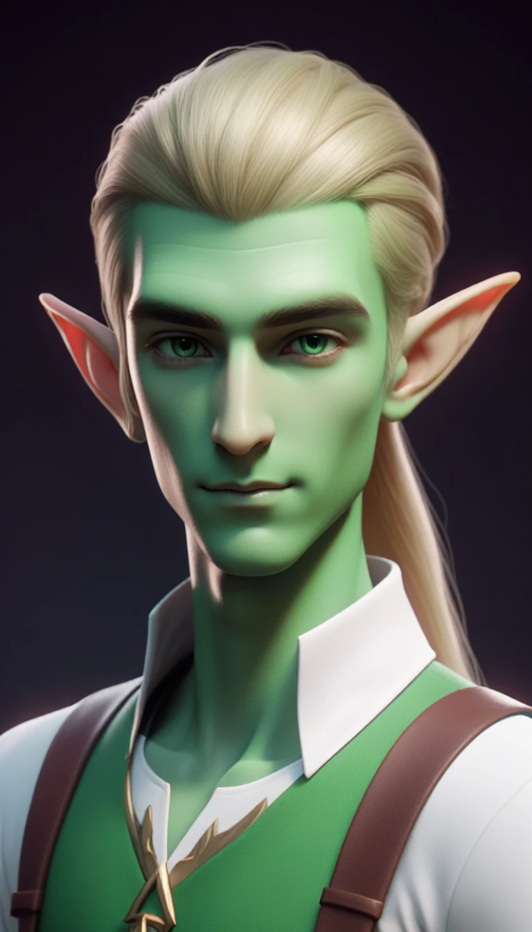 a close-up of a person with a shirt and a green face, male elf, upper body avatar, green colored skin, beautiful Squidward as a man, green colored skin!!, greenskin!, greenish skin, avatar with blonde hair, ingame image, Stephan, Lúcio as a woman, Tyler, bright mint face