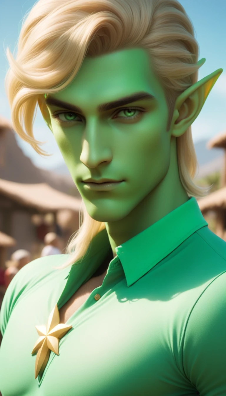 a close-up of a person with a shirt and a green face, male elf, upper body avatar, green colored skin, beautiful Squidward as a man, green colored skin!!, greenskin!, greenish skin, avatar with blonde hair, ingame image, Stephan, Lúcio as a woman, Tyler, bright mint face