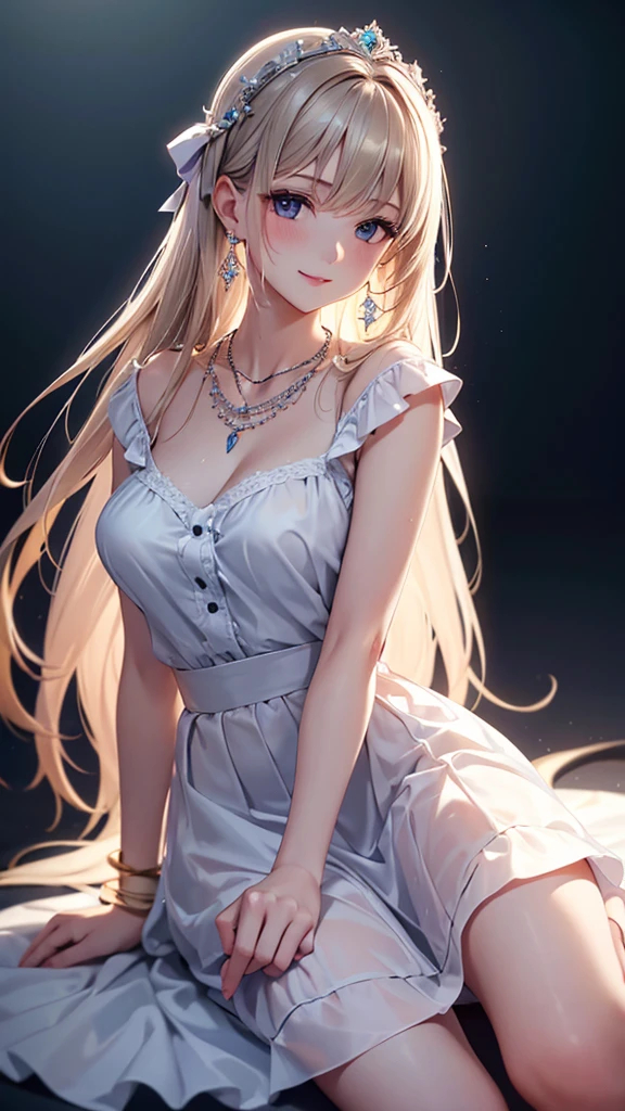 best quality, masterpiece, high resolution, 1 Girl, clear silk porcelain skirt, Pretty Face, Hair accessories, Looking at the audience, Smile, shut your mouth, Lips, skirt, Hair accessories, necklace, jewelry, Long hair, earrings, Pretty Face, Physically, The Tyndall effect, realism, Dark Studio, Side lighting, Two-color lighting, (High Detail Skin: 1.2), 8K Ultra HD, DSLR camera, Soft Light, high quality, Volumetric Lighting, photo, high resolution 4K, 8k, Blurred background, Octane Render
