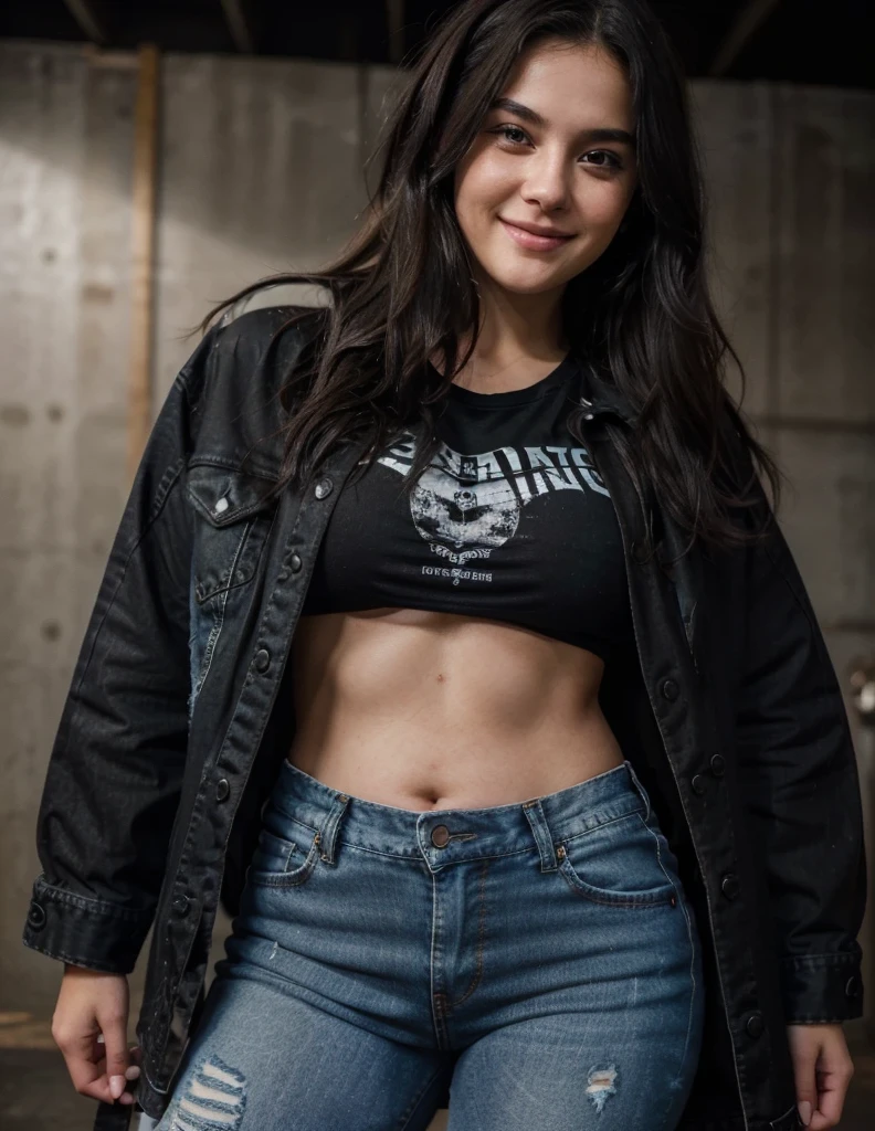 RAW 16k best quality, masterpiece, realistic, ultra detail, photo realistic, I close up 21 yo girl, black mess hair. Wearing all size black t-shirt and denim jacket, smiling, show big thigh, plump body, perfect body, perfect face, standing infront of dark background