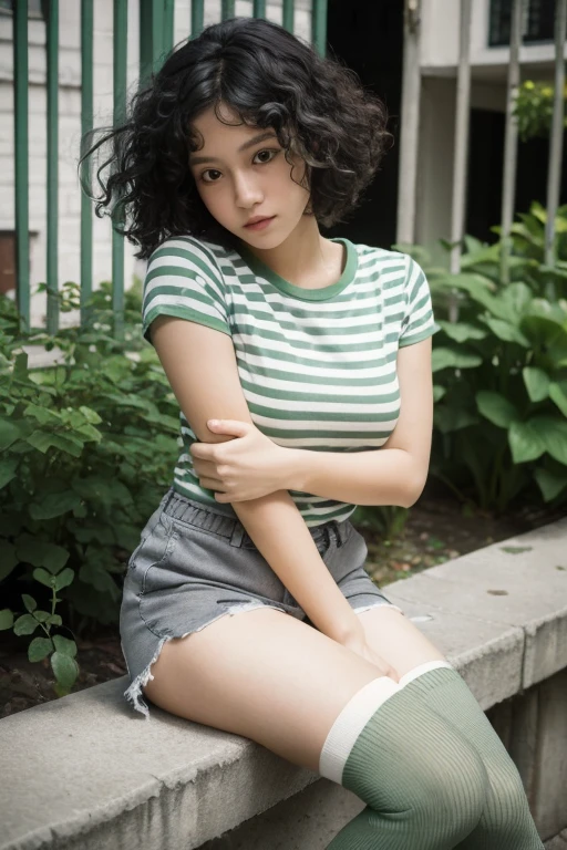 Teenage girl, green and curly hair, fly away, 19 years old, wearing black shirt, wearing short gray shorts, wearing green striped thigh-high socks, medium breasts.