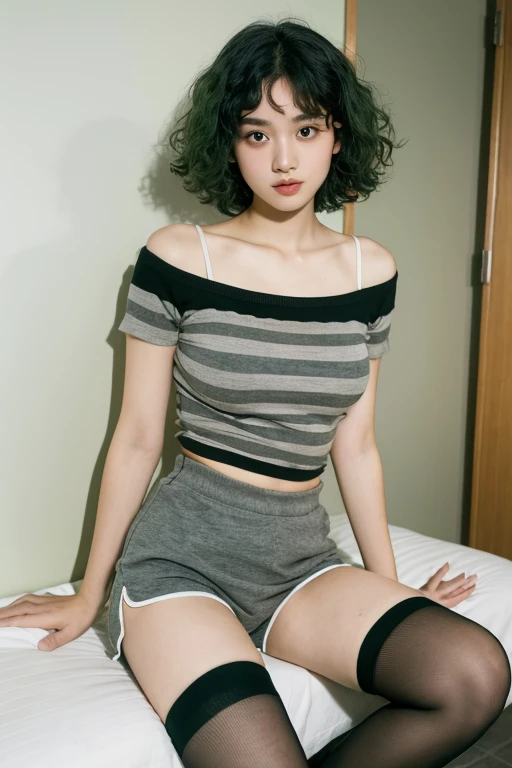 adolescent, green and curly hair, fly away, 19 years old, wearing black shirt, wearing short gray shorts, wearing green striped thigh-high socks, breasts big.