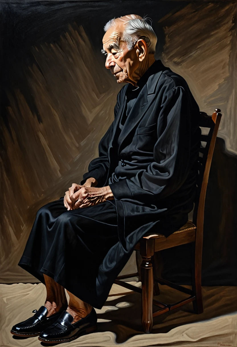 95 years old man in black dress sitting merely in the full of dark. only black shadows. Subtle flash from somewhere hitting on his face. It shows a deep relax. 45 degree side view from right. Acrylic high brush stroke on Linen, unclear image.