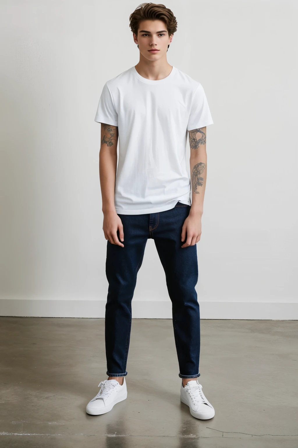 ((best quality)), ((masterpiece)), (detailed), A fashion catalog picture of a 18-year-old male model, with a confident gaze and soft smile, standing in the middle of a large empty minimalistic room with white walls and white floor. The model is wearing a gray t-shirt, dark blue denim pants and black sneakers. His arms are covered in tattoos.