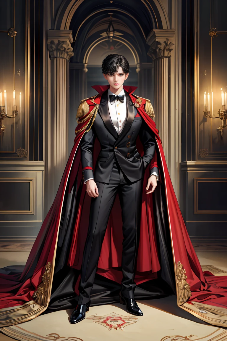 masterpiece, 最high quality, high quality, 1 boy, alone, Male focus, Watching the audience, Messy black hair, Adorable big blue eyes, White people, Noble, Noble,Sexy voluminous black and red cape、Tuxedo、A very voluminous, large, very large, very large, long, long red and black cape with a high stand-up collar, reaching down to the floor, made of a lot of fabric., 17 years old,Cute beautiful boys,Cute, cute, kind, handsome guy