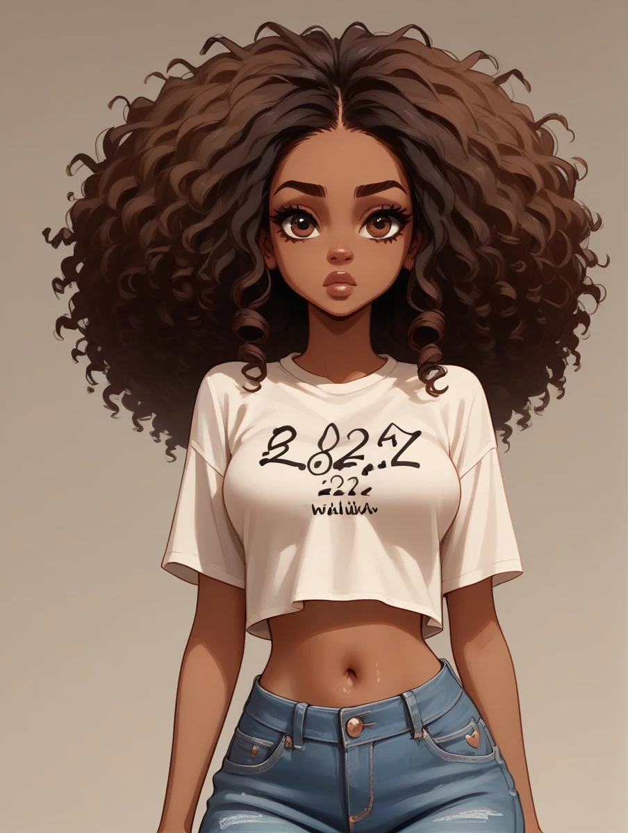 score_9, score_8_up, score_7_up, score_6_up,  1girl, solo,pretty, dark skinned girl, 24 year old girl, breasts, oversized fuzzy fitted shirt, denim short tatted jeans, brown eyes, black curly hair, long straight hair, stylish, b00nd0cks, open belly, instagram baddie, cool pose, closeup portrait of the face, 