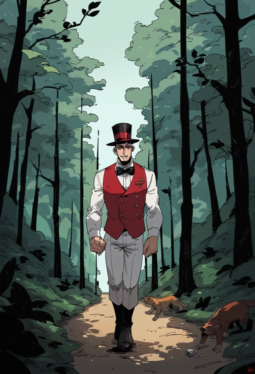 hds style, man, 29 years old, blond hair, combed back hair, clean shaven, thin, short, wearing pure white suit, burgundy vest, white shirt, black bow tie, top hat, walking in forest, night, sligh smile