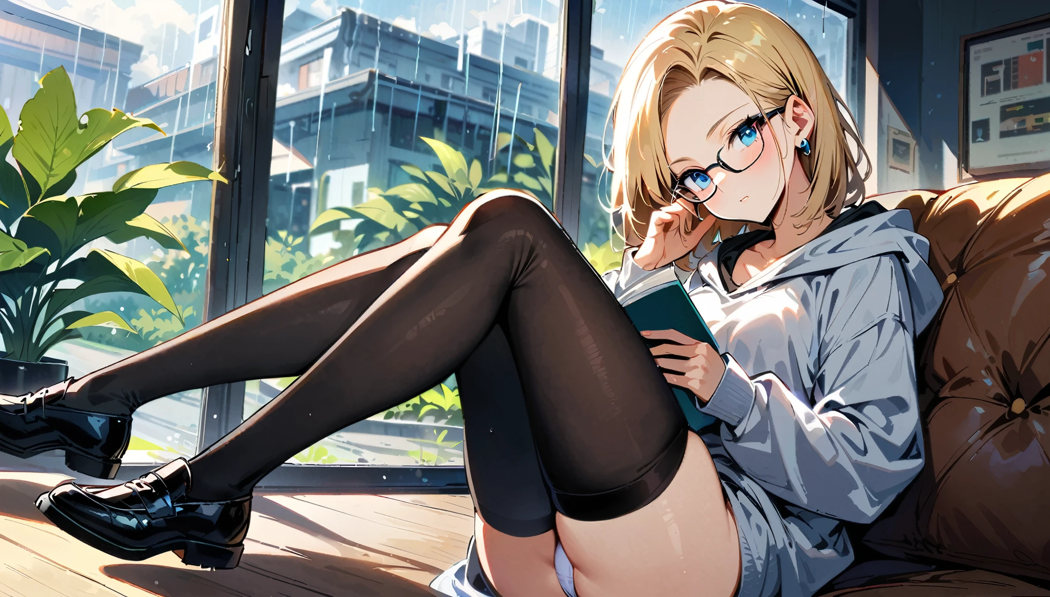 (masterpiece, best quality:1.2), solo, Android 18 from Dragon Ball, ((light gray hooded sweatshirt, Oversized hooded sweatshirt, long sleeve, black thighhighs, white panties)), thighs, midriff, small breasts, blonde hair, (single hair bun), ((blue eyes)), (wearing glasses), earrings on earlobes, slender feminine figure, narrow waistline, skinny body, reading book, cleavage, off shoulder, light blush, indoors, chill, cafe, couch, hot coffee, window, organized, simple, white-based interior, a few plants, rain, cloudy sky, magnificent view, blur background, 4K, knees up, black loafers, head tilt,