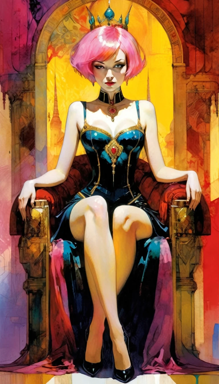 the empress, sitting on her throne, short pink hair, attractive, great palace, artwork inspired by Bill Sienkiewicz, vivid colors, intricate details, oil.
