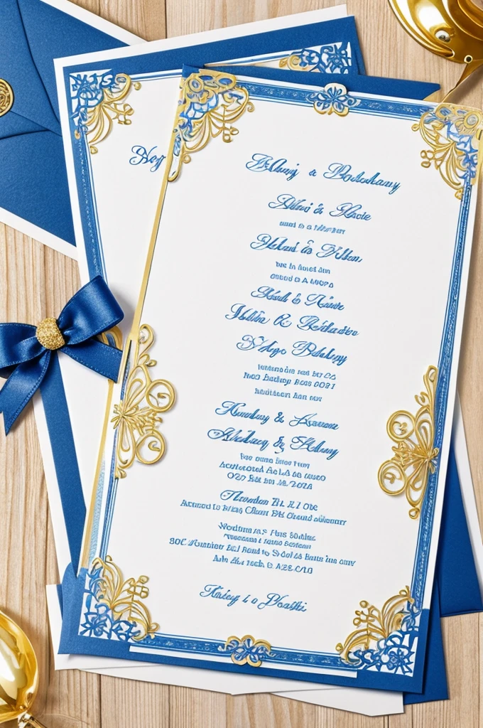 Blue and white birthday invitation with gold details for a girl named Sophie (everything must be written in cursive) put the full image invitation.