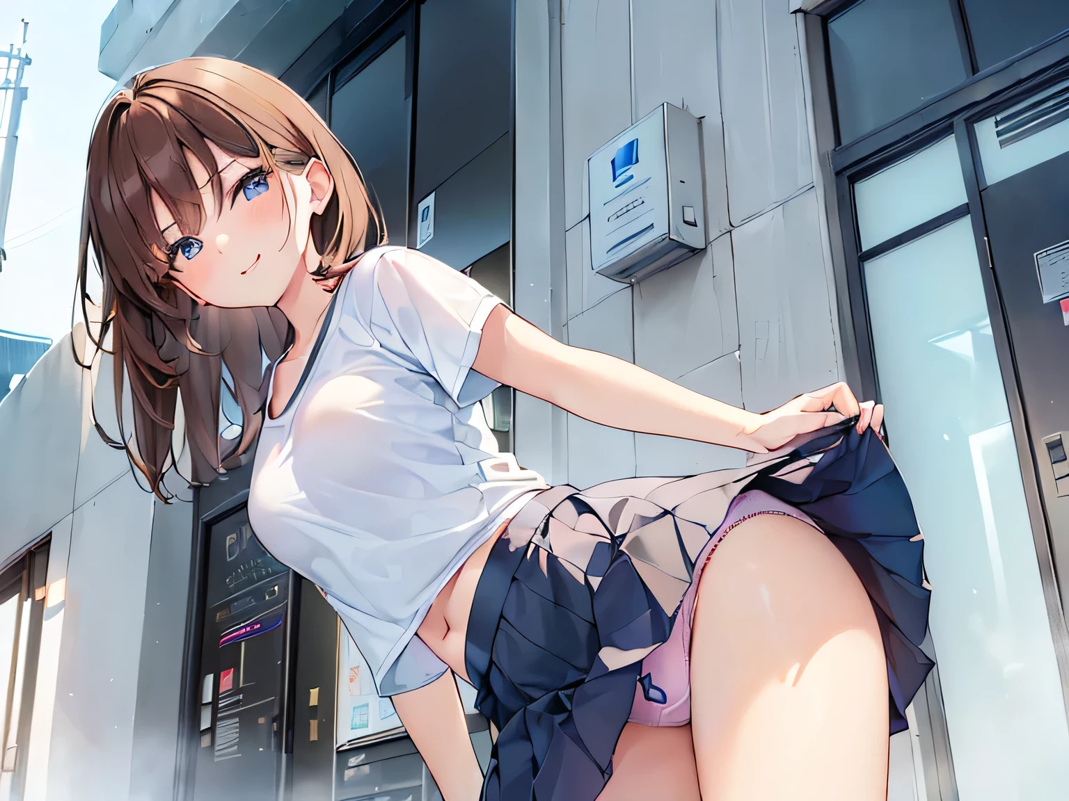(masterpiece, top quality, high resolution, realistic photos, realistic looking skin:1.1),
(Woman rolls up her own skirt to show us her panties: 1.8),
(standing up: 1.8),
(provocative, smirking expression: 1.5),
(wearing a suit of navy blue tailored jacket and navy blue skirt, with a plain white U-neck T-shirt as innerwear:1.5),
(She is wearing pumps on her bare legs:1.5),
(Panties are white with a pattern: 1.5),
(She has medium brown hair: 1.5),
(Located in front of the entrance of the automatic door of the building: 1.5),
1 Japanese girl, solo, full bodied esbian, beautiful eyes, shining eyes, shining thighs, NSFW