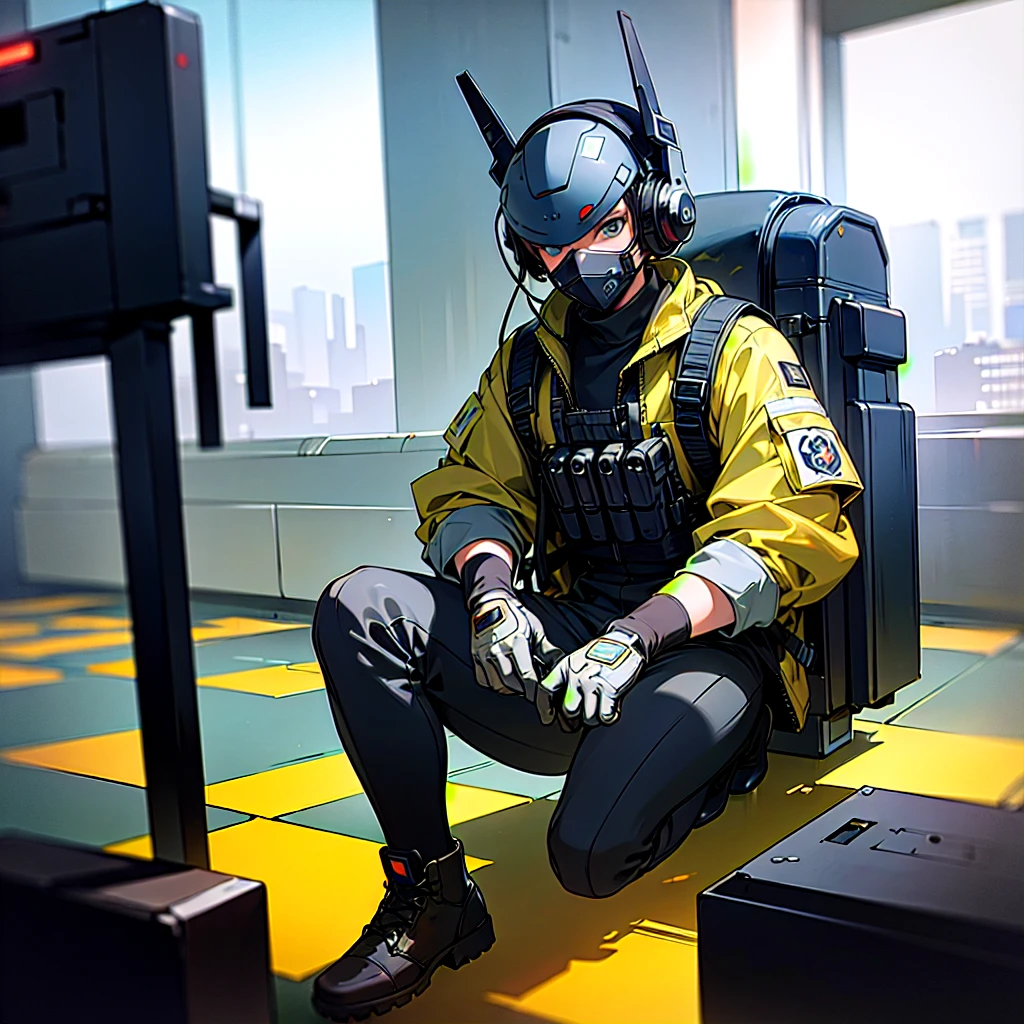 ((high quality)), ((masterpiece)), 8k, yokais, bulletproof vest, light rays, extremely detailed CG unity 8k wallpaper, game cg, looking at viewer, gloves, boots, full body, watch, computer, mask, drone, holding weapon, headphones, jacket, bag, backpack,
