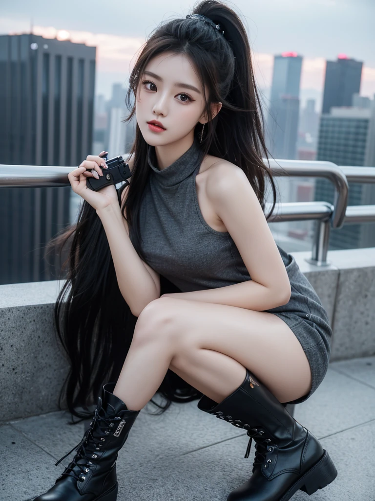 Beautiful woman wearing a black grey mini dress with decorations on the shirt and visible shoulders and wearing boots and being photographed with a background And was on top of the building holding a gun , Korean style swag, beautiful face so gorgeous, Beautiful eyes, y2k style