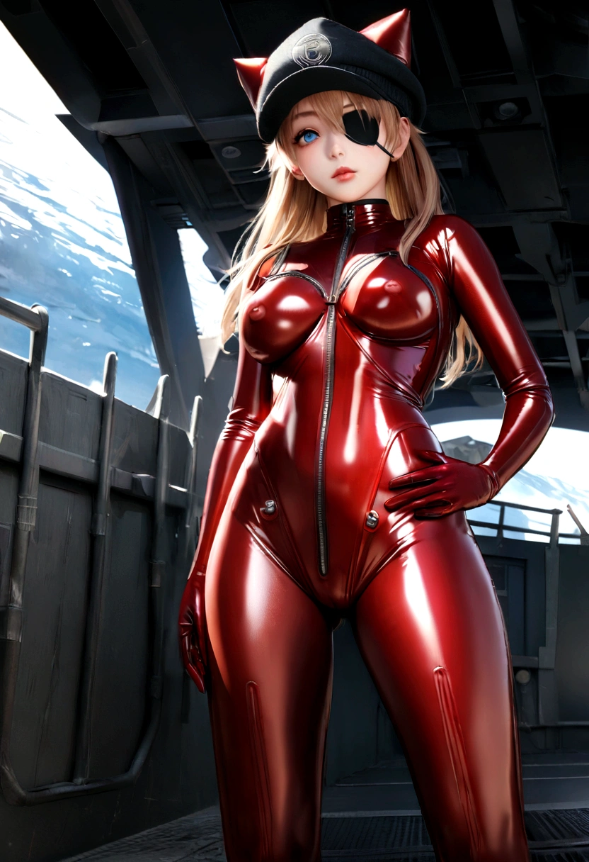 ((Wearing a soft jacket over the plug suit:1.8,)) (wears an opaque black eyepatch:1.5), ((full: 1.2)), (From below: 1.1),Big Breasts, Erect nipples, Beautiful ass,Posing with hands in pockets,(Wearing the Black Cat hat pulled down low), masterpiece, 8K, 3d, Realistic, Ultra-microphotography, Highest quality, Official Art, Real Realism, Dawn, Bright colors, Dawning, Theatre Lighting, (1 female))),Age 25, expensive, Small face, Perfect proportions, ( Saully Asuka Langley, Saully Asuka Langley, Plug Suit 02:1.0)), ((blue eyes, Beautiful Face, Beautiful Eyes))), Beautiful face, Wet eyes, Glowing Eyes, Detailed face, Beautiful Lips, Narrow eyes, thin sharp pale eyebrows, Long eyelashes, Long lower eyelashes, double eyelid, Sulky look, Realistic skin texture, Pores are visible, Captivating smile, Gentle expression, A fleeting appearance, Slender and muscular, High leg swimsuit: 0.9, Lean and muscular, (Shiny赤いスーツ), (A deep red rubber suit with a strong metallic sheen and smooth surface.), Shining like a mirrorダークレッドのボディスーツ (Dark red latex suit), Shining like a mirror (Large metal and silver connection terminals under the precision circle chest: 1.3)), Precision round shoulder metal and large silver contacts: 1.1, Metallic green part of the shoulder blade, Beautiful female hands in red tight latex gloves, (腕の内側に強いメタリックなShinyブラックタイラテックスを使用), Two simple black wide latex socks from thigh to ass, ( full body composition standing in model pose on the battleship deck at sea in realistic and detail: 1.1), (Dynamic and realistic ocean background: 1.3), (Dynamic and realistic sunny weather, Strong sunlight: 1.2), Logo pattern ween the breasts 02, Lonlush, Shyness, to8 contrast style, (Shiny), Wrinkles on delicate clothing, Beautiful light brown hair, Digital SLR, Fujifilm XT3, Sharp focus: 1.0, Maximum clarity and sharpness, Accurate simulation of light-matter interactions,