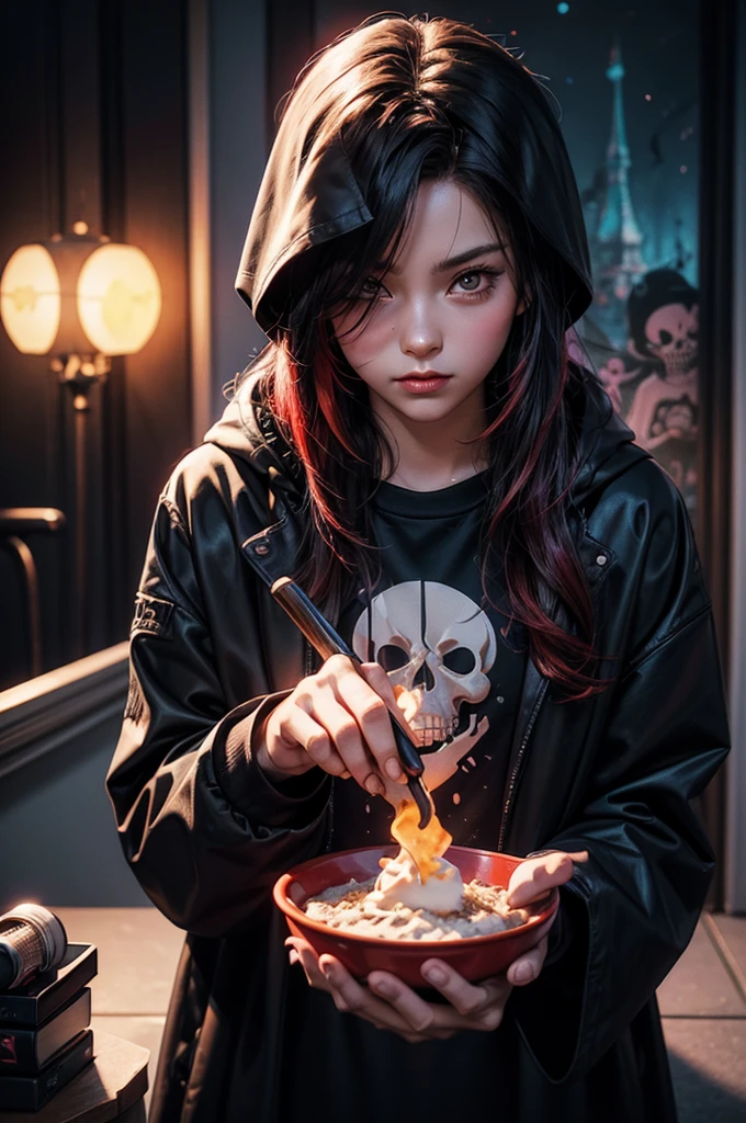 A detailed illustration face skull grim reaper,magic, t-shirt design, red color , dark magic splash, dark, ghotic, t-shirt design, in the style of Studio Ghibli, pastel tetradic colors, 3D vector art, cute and quirky, fantasy art, watercolor effect, bokeh, Adobe Illustrator, hand-drawn, digital painting, low-poly, soft lighting, bird's-eye view, isometric style, retro aesthetic, focused on the character, 4K resolution, photorealistic rendering, using Cinema 4D