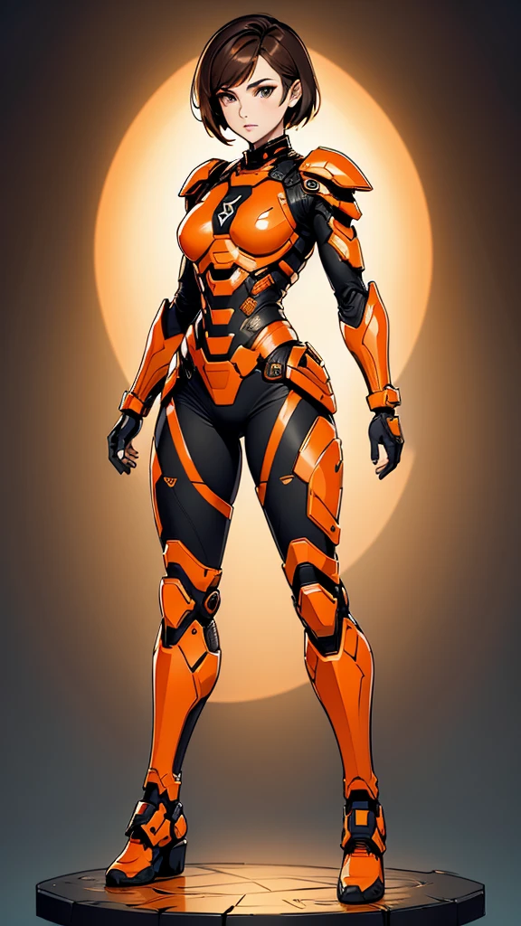 Create a design of a woman, full body, short hair, masculine cut, brown color, with exoskeleton armor. Black and orange colors, dotted filter.