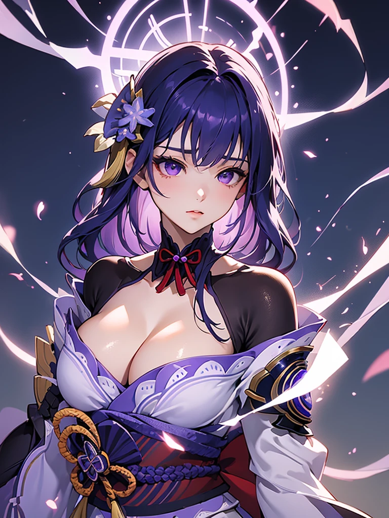 ((Upper body image:1.4))Japanese Shrines, (Highest quality,Realistic,masterpiece:1.2,8k wallpaper:1.2),((Pale skin)),One Girl,women only,((raidenshogndef))((Genshin Impact,General Raiden)),Lightning Particles,Purple Lightning,Light background,cherry blossoms,Purple Theme,Delicate facial features,Sexy and beautiful anime girls,General Raiden,Long purple hair,Rosy lips,Anime Mouth,large breasts, Beautiful cleavage,Slender figure、Thin legs