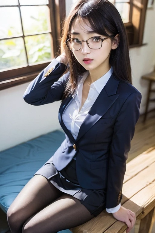 (Highest quality、masterpiece、Official Art、High resolution:1.2)、Highly detailed CG uniform 8K wallpaper、Clear images、Very detailed、(The only girl:1.2)、woman, (Skin with attention to detail:1.2)、secretary、formal, , Wearing a black suit,　Black jacket, (White shirt with a wide open chest), Black pencil skirt, Skirt and thighs、Lift up your skirt and show off your thighs、（Super realistic black pantyhose:1.6), (square glsses:1.4), Sit at the bay window、Full Body Shot