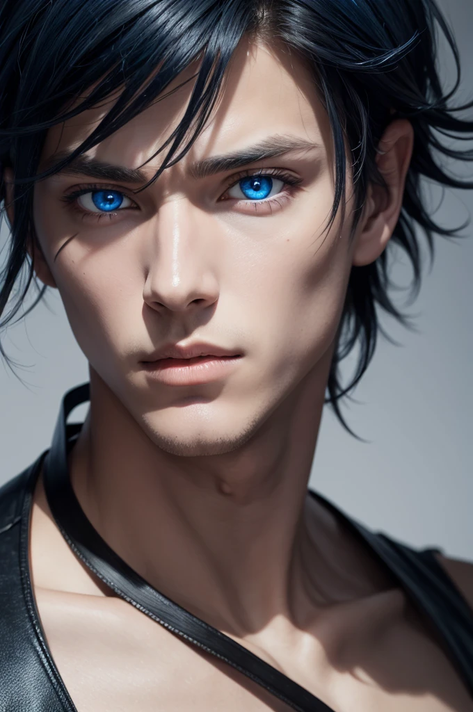 absurdities, High resolution, ultra detailed, HdR, masterpiece, Extremely detailed face and eyes, long black hair, disheveled, very long hair, bushy eyebrows, White skin, serious, expressive blue eyes, detailed eyes, LOOKING AT THE SPECTATOR, 1 man, elegant, black magic shit, masculine, sorcery clothing, dark aura background, Complete plan