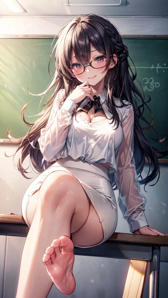 (Ultra-high resolution of the highest quality, masutepiece, Best Quality, 8K, Super Detail, Best Quality:1.3), (Anatomically correct:1.2), (1 elementary school female teacher:1.6), (large breasts:1.1), (drooping eyes:1.3), (blush cheek, blush body:1.3), (wavy hair, braid hair:1.2), (long hair:1.2), (black hair:1.2), (glasses:1.3), (white blouse, pencil skirt:1.7), (class room:1.1), front view, Extremely cute, (extremely detailed beautiful face), Authentic skin texture, beautiful hair, beautiful face, beautiful eyes, beautiful body, beautiful hands, (clothed:1.6), (aroused, naughty face, seductive smile:1.8), (erect nipples), (hair over eyes:1.5), (looking down:1.3), (open mouth:1.2), (face focus:1.6), cleavage breasts focus, (legs focus:1.2), (from below:1.3), (Sit with legs crossed:1.6), (slouching forward:1.3), (sole of foot:1.6), (sole of foot focus:1.2)